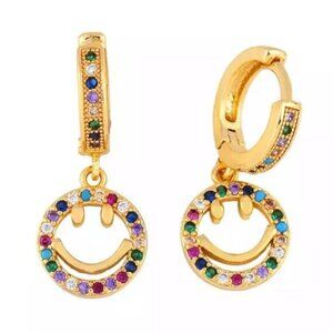 HAPPY FACE-Multi-Color- gold Plated / zirconia-MEDIUM STUD PENDANT HOOP EARRING